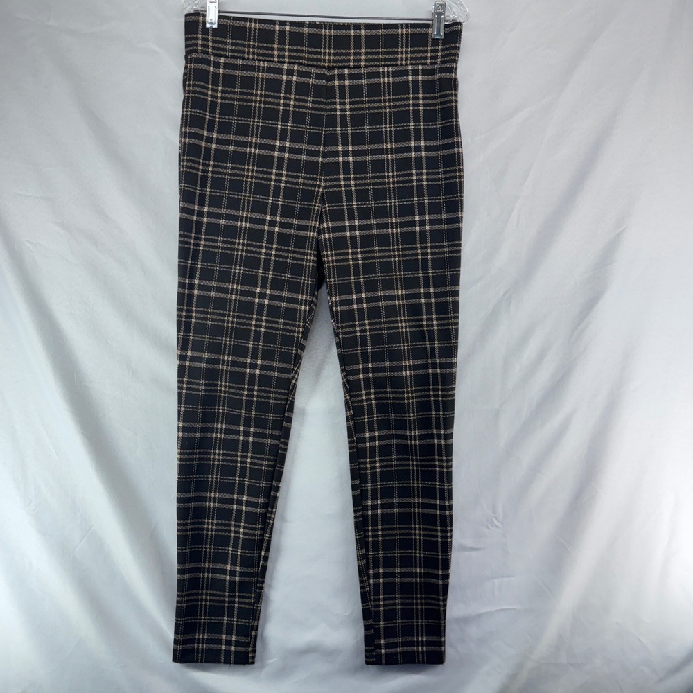 Loft Plaid Leggings Womens Medium Black Gold Stretch Pull On Work Dark Academia